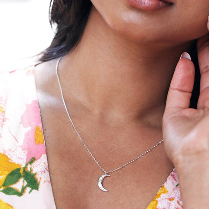 Crystal Crescent Moon Necklace in Silver