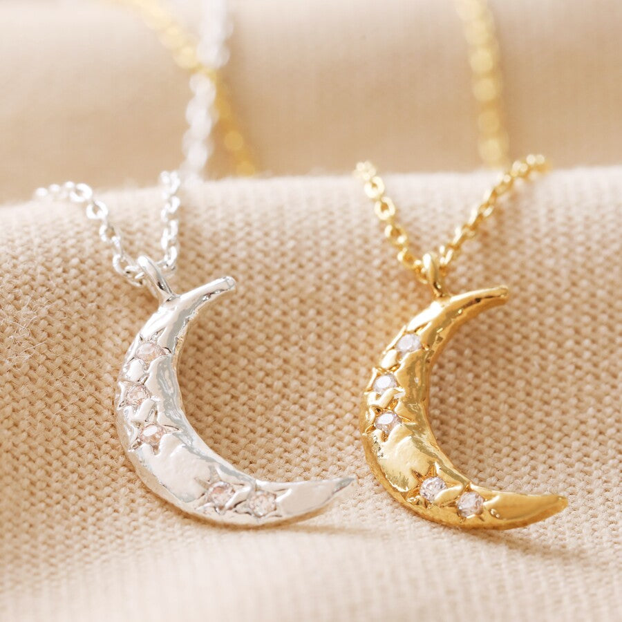 Crystal Crescent Moon Necklace in Silver