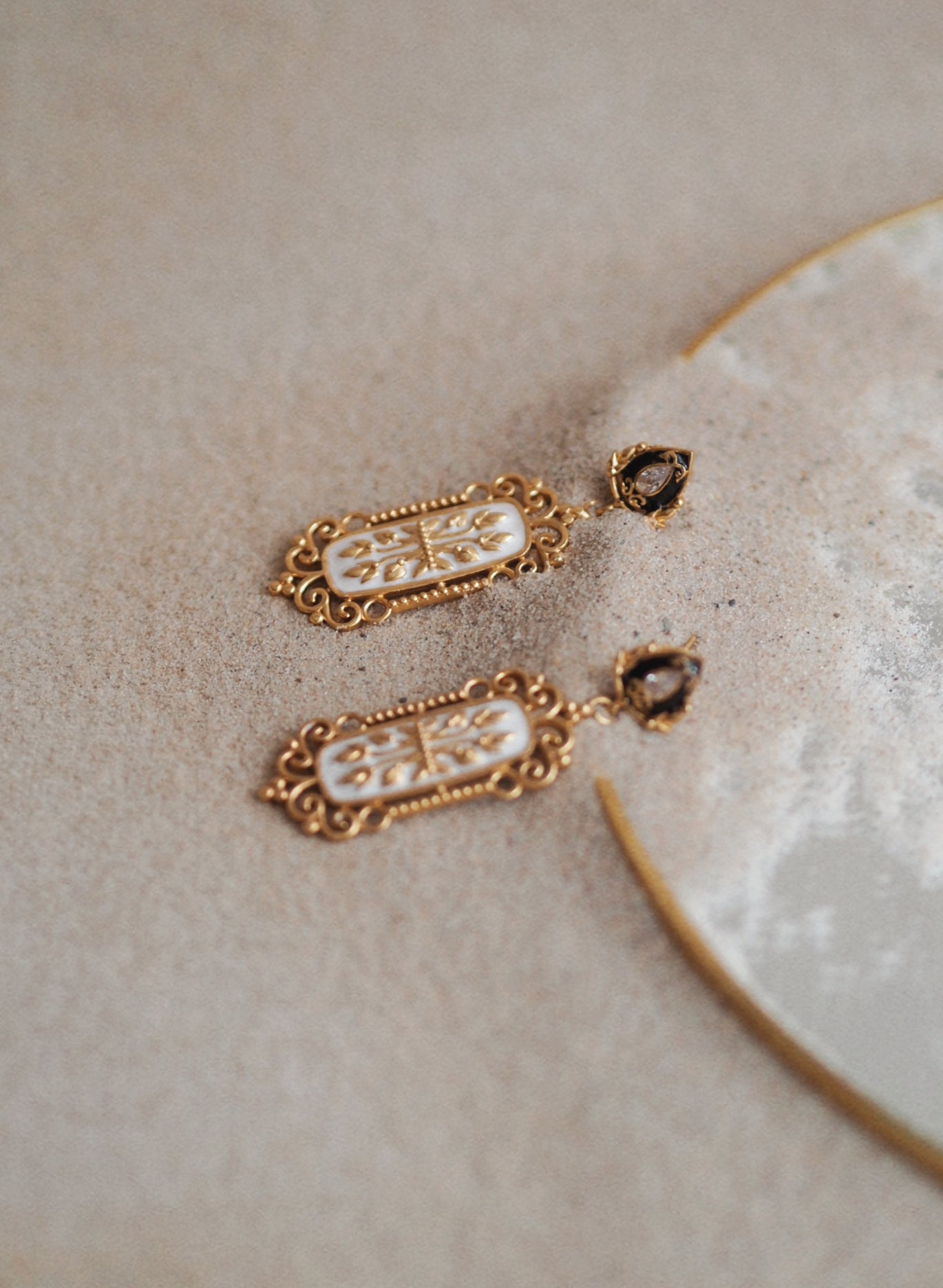 White Enamel & Filigree Earrings