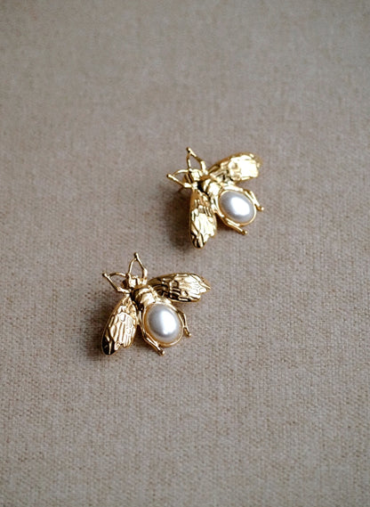 Vintage Style Large Bee Pearl Earrings