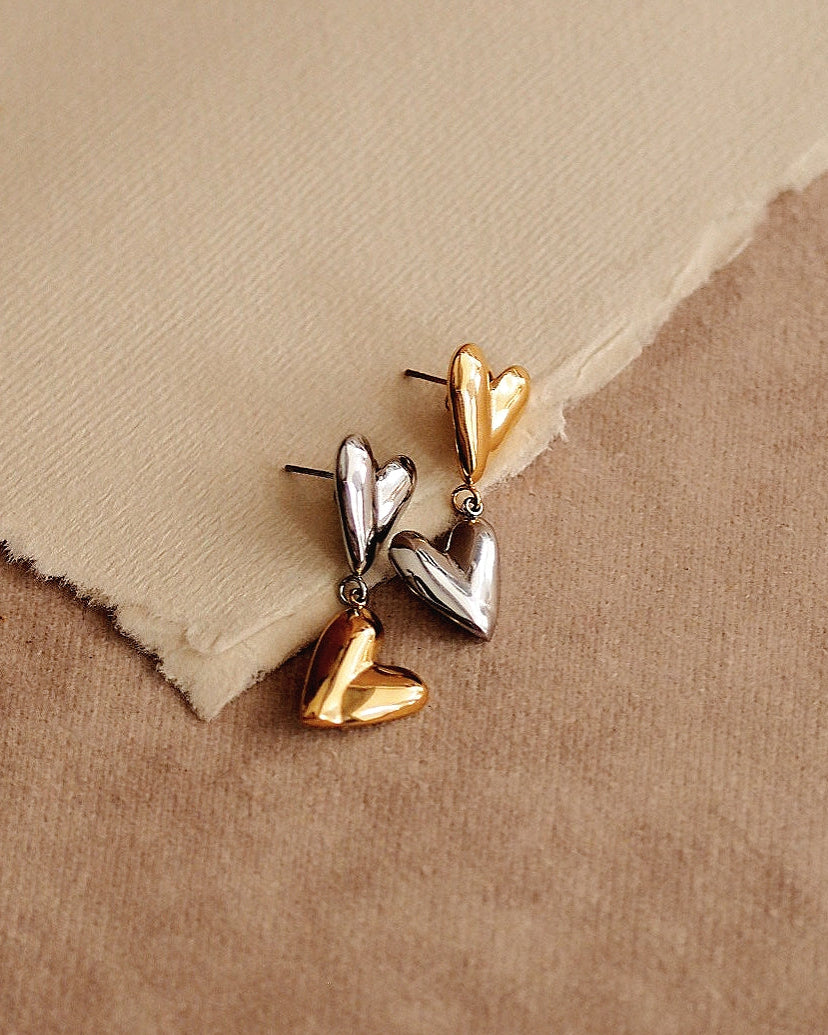 Two Toned Gold & Silver Heart Earrings