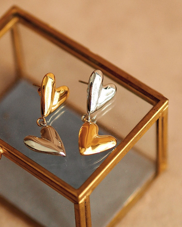 Two Toned Gold & Silver Heart Earrings