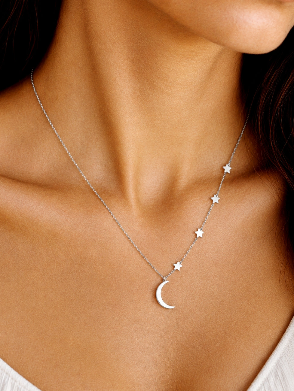 Rhiannon Moon And Stars Necklace In Silver