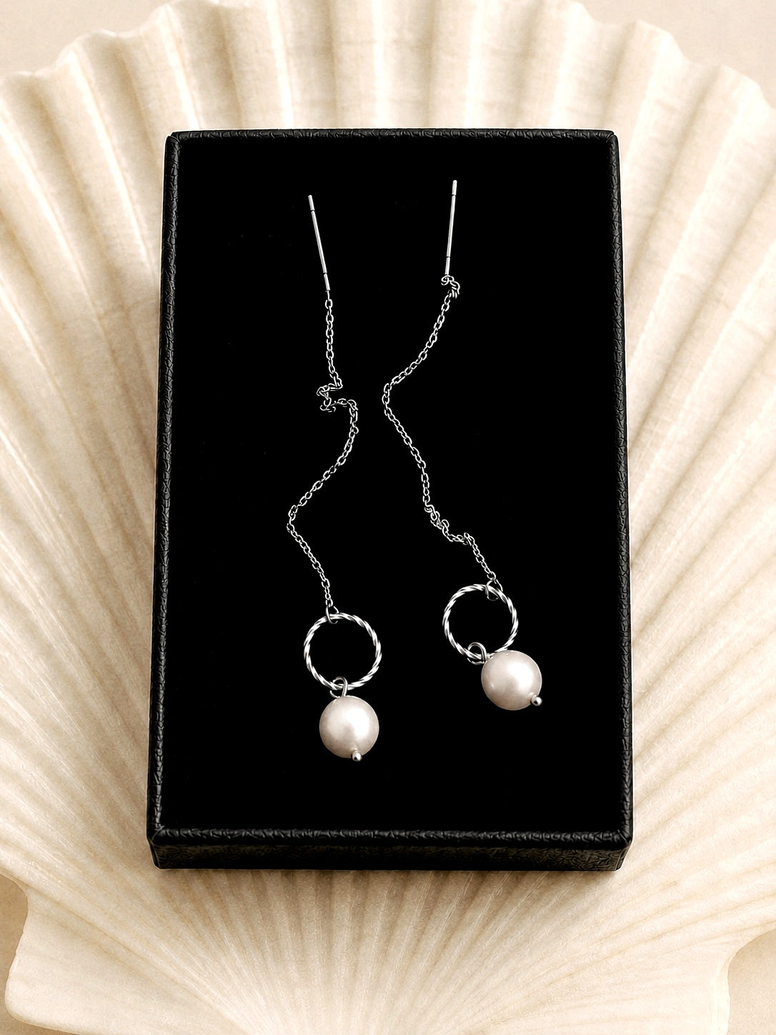 Serene Pearl Chain Earrings in Silver