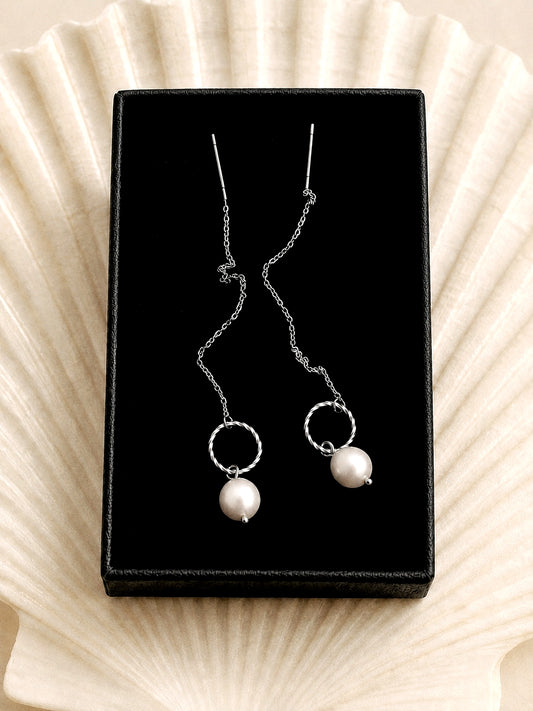 Serene Pearl Chain Earrings in Silver