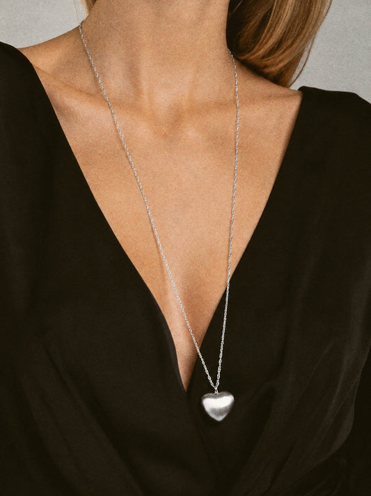 Valentine Long Heart Necklace in Silver