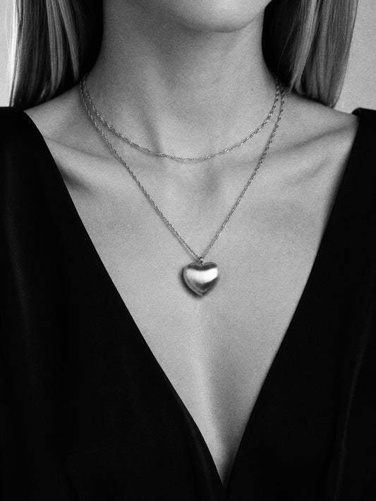 Valentine Long Heart Necklace in Silver