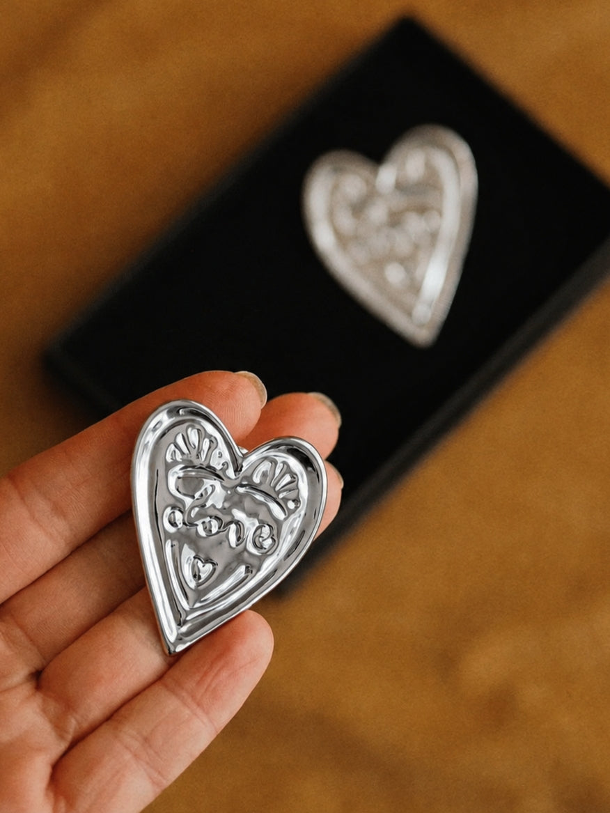 Statement Love Heart Earrings in Silver