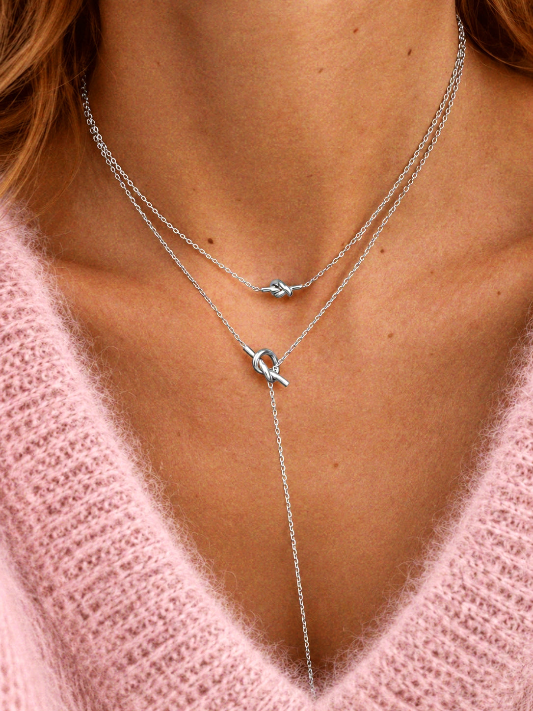 Long Two Knot Necklace in Silver