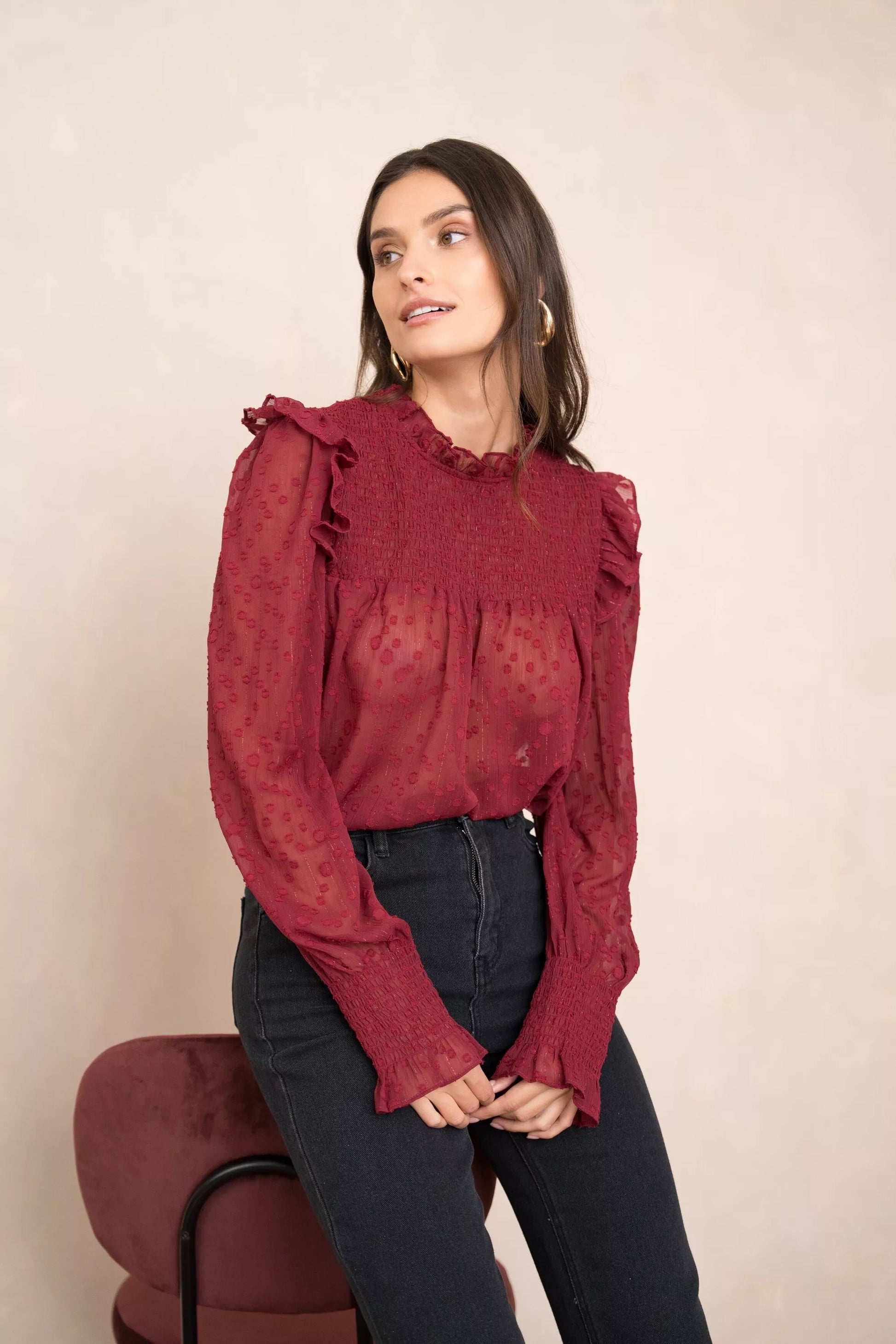 Blouse With Ruffled Collar And Sleeves