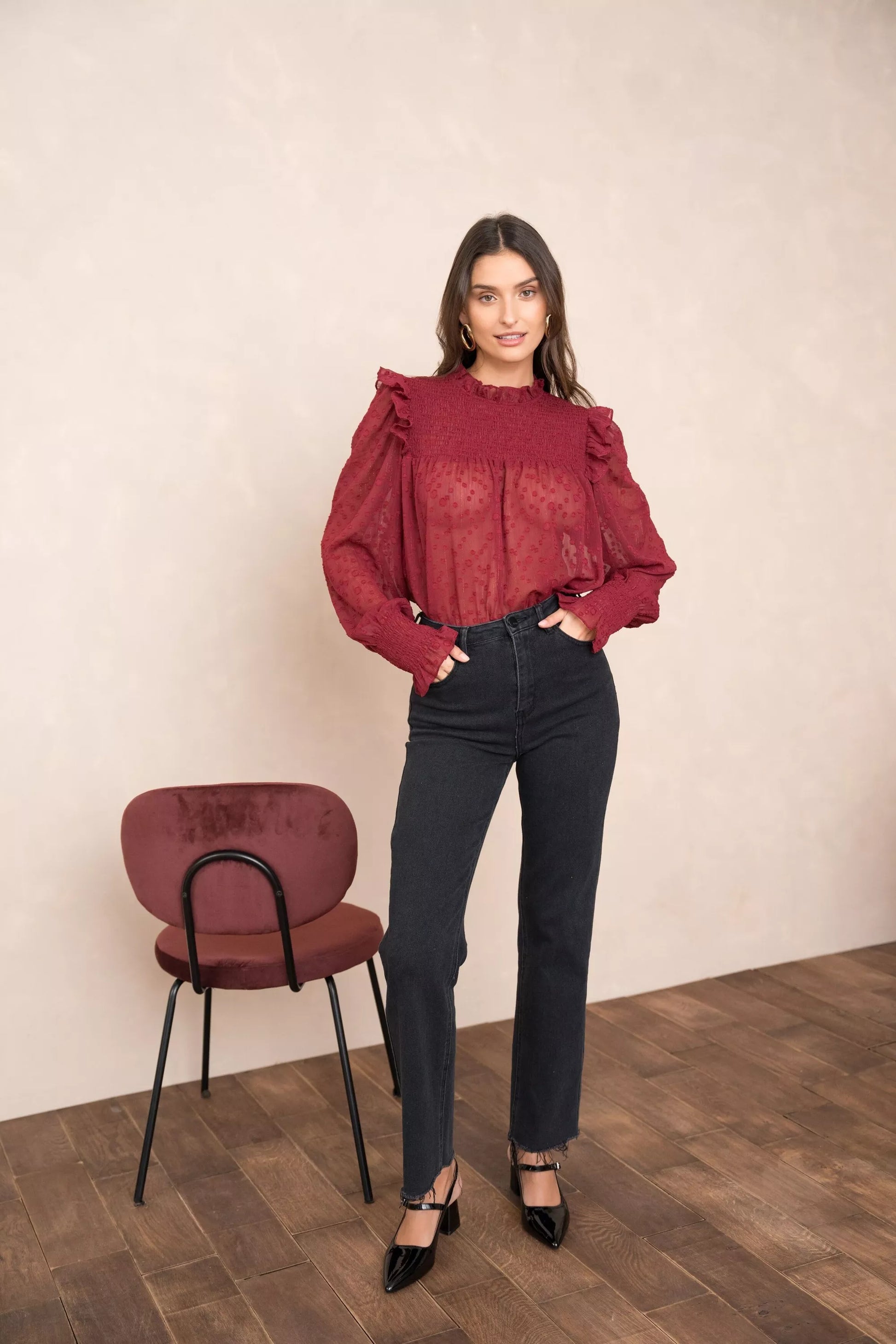 Blouse With Ruffled Collar And Sleeves