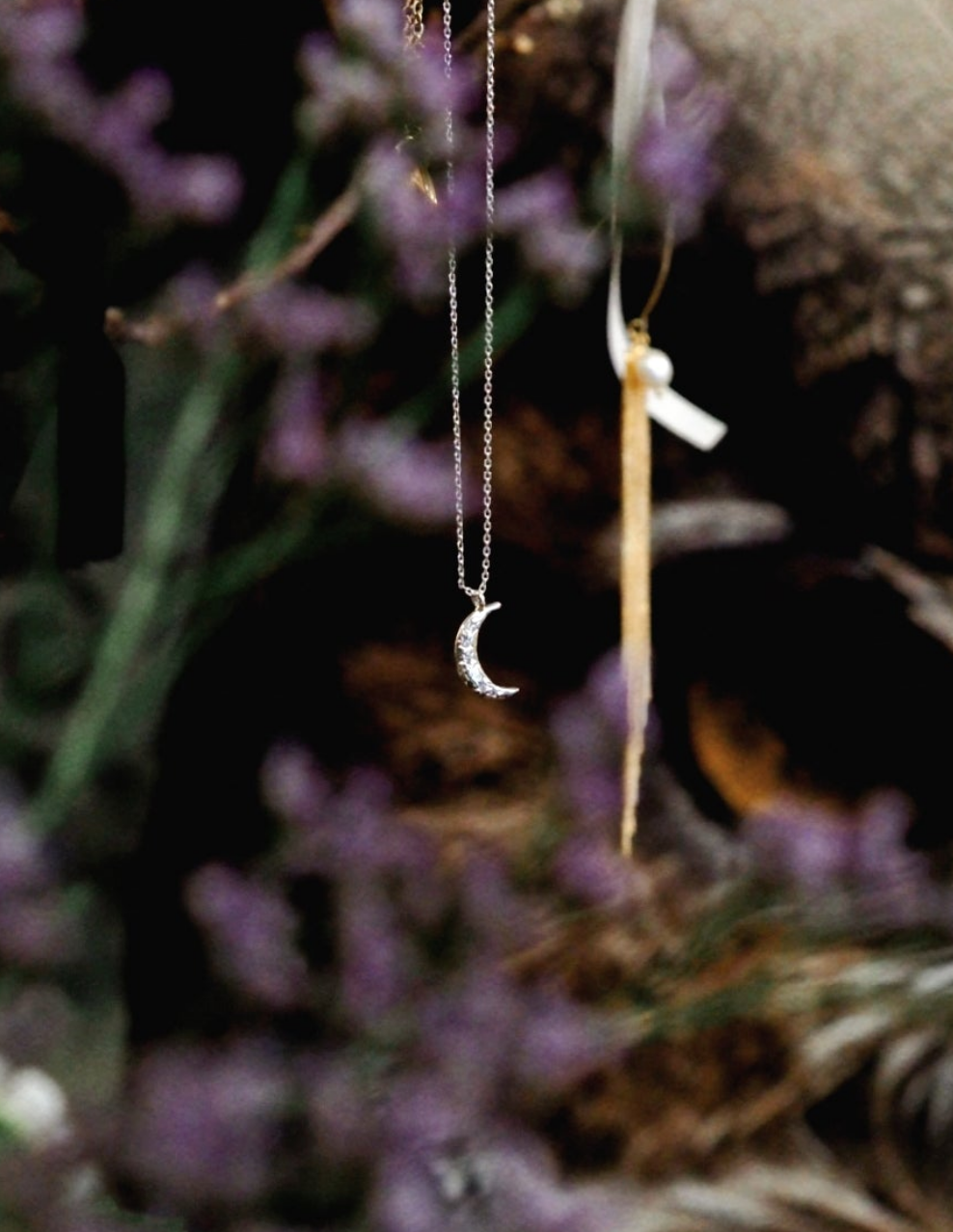 Crystal Crescent Moon Necklace in Silver