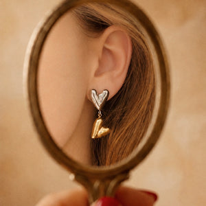 Two Toned Gold & Silver Heart Earrings