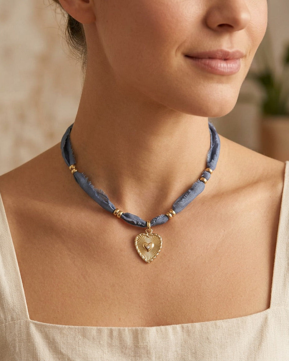 Silk Ribbon Heart Pendant Necklace