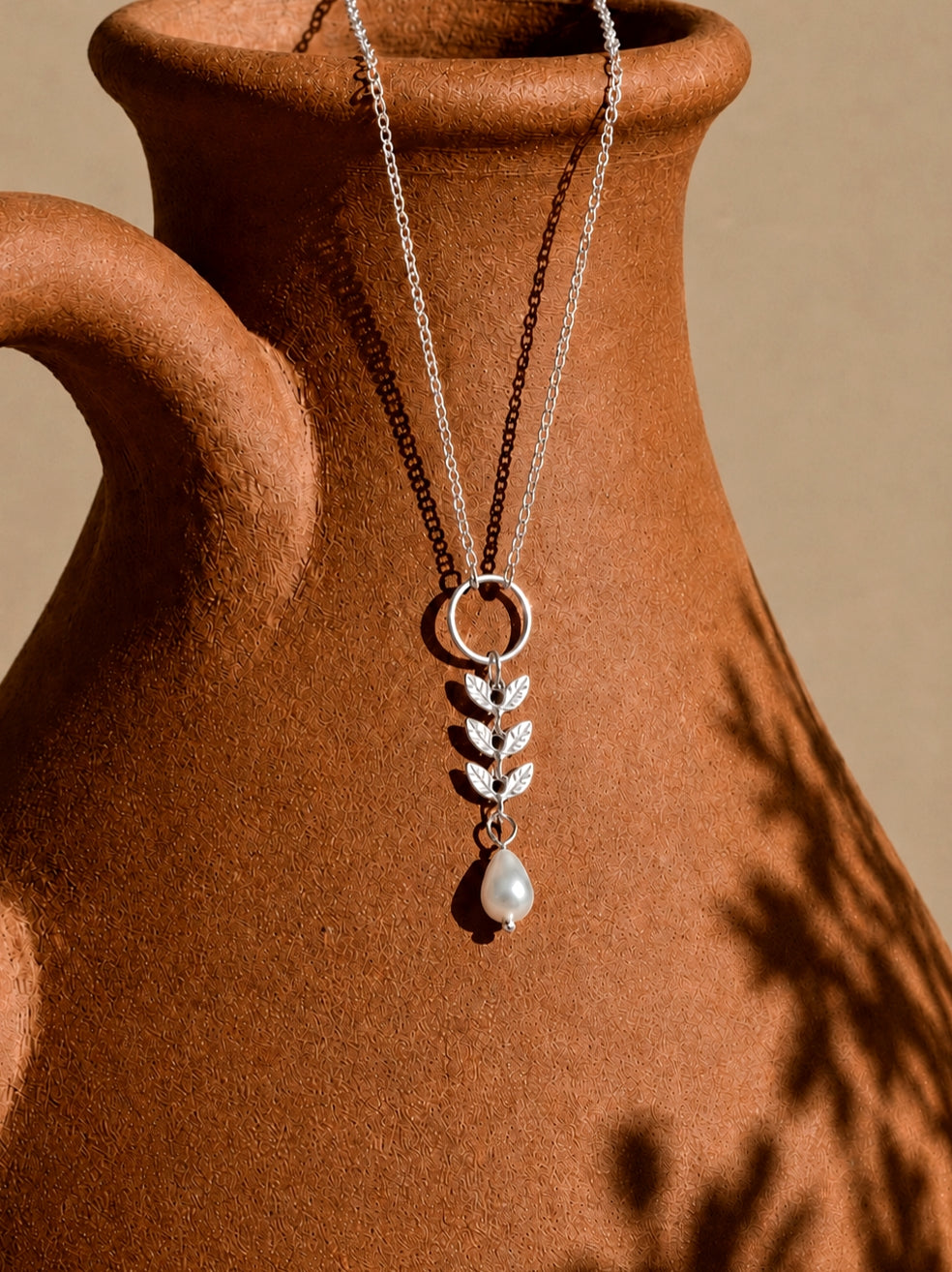 Atlas Leaf and Pearl Necklace in Silver