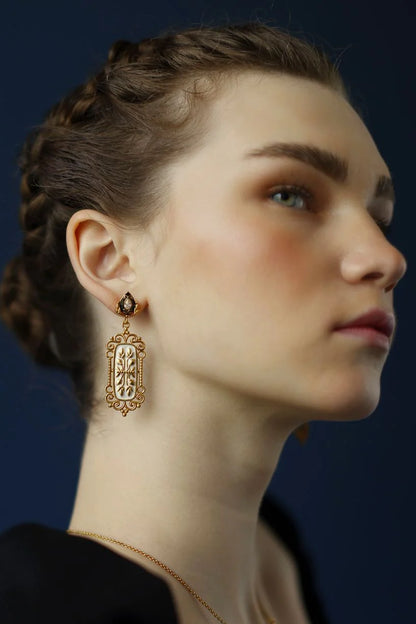 White Enamel & Filigree Earrings