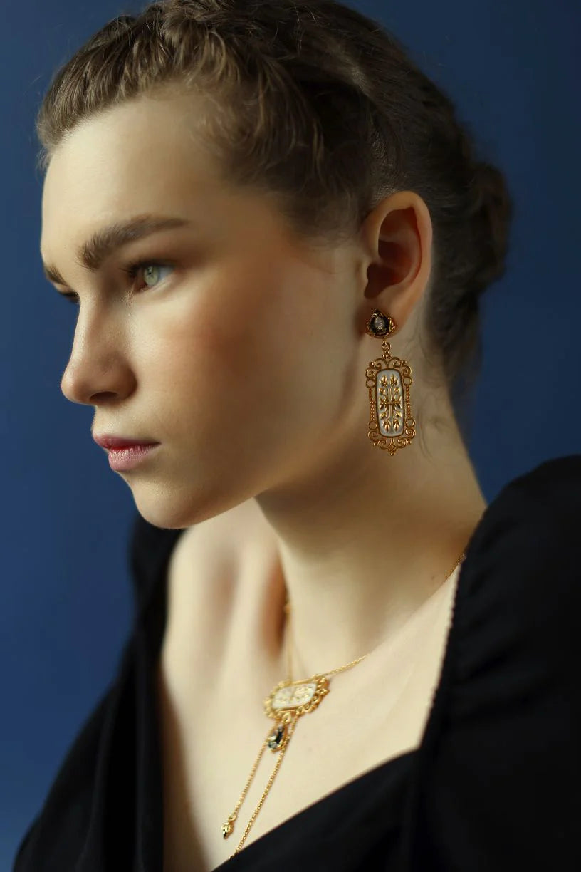 White Enamel & Filigree Earrings